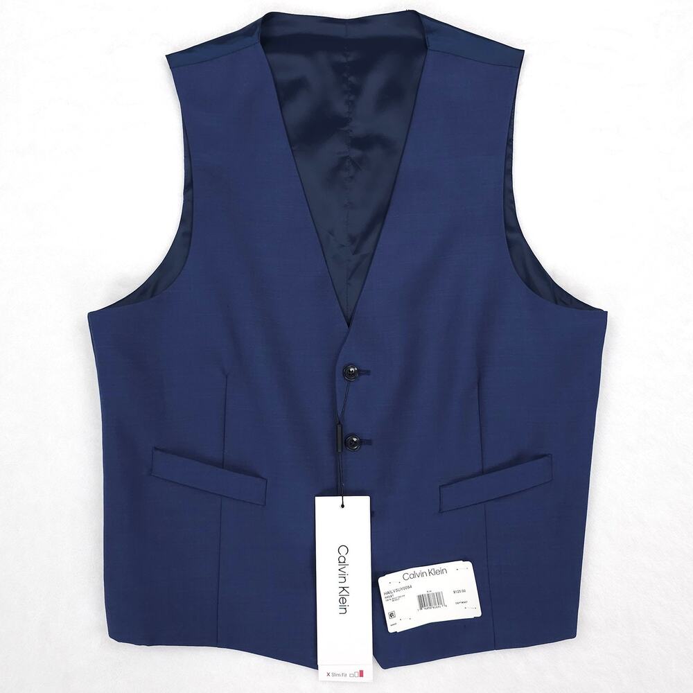 Calvin Klein Mens Slim Fit Suit Vest XL Blue Solid Stretch Wool NWT